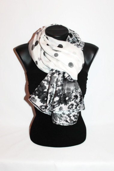 Polka Dot Floral Scarf - Black & White - Fashion Shawl - Unique Scarf - Trendy Fabric Scarf -  Spring Trends - Gift Idea