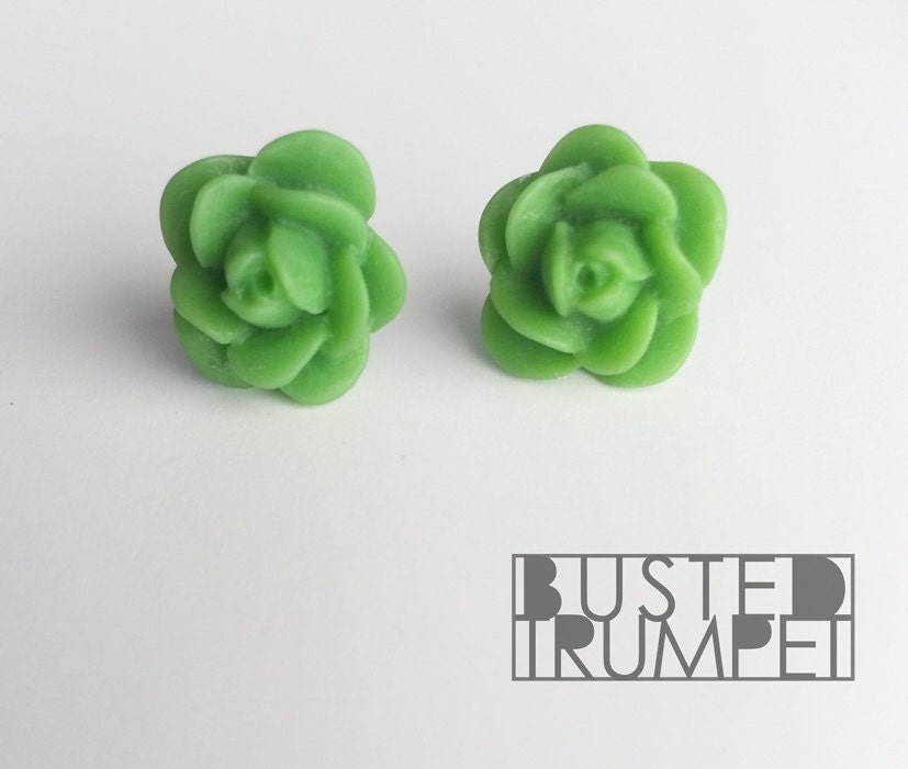 Sage Green Flower Stud Earrings - Floral Rose Bud Posts - Surgical Steel Posts - St Patricks Day