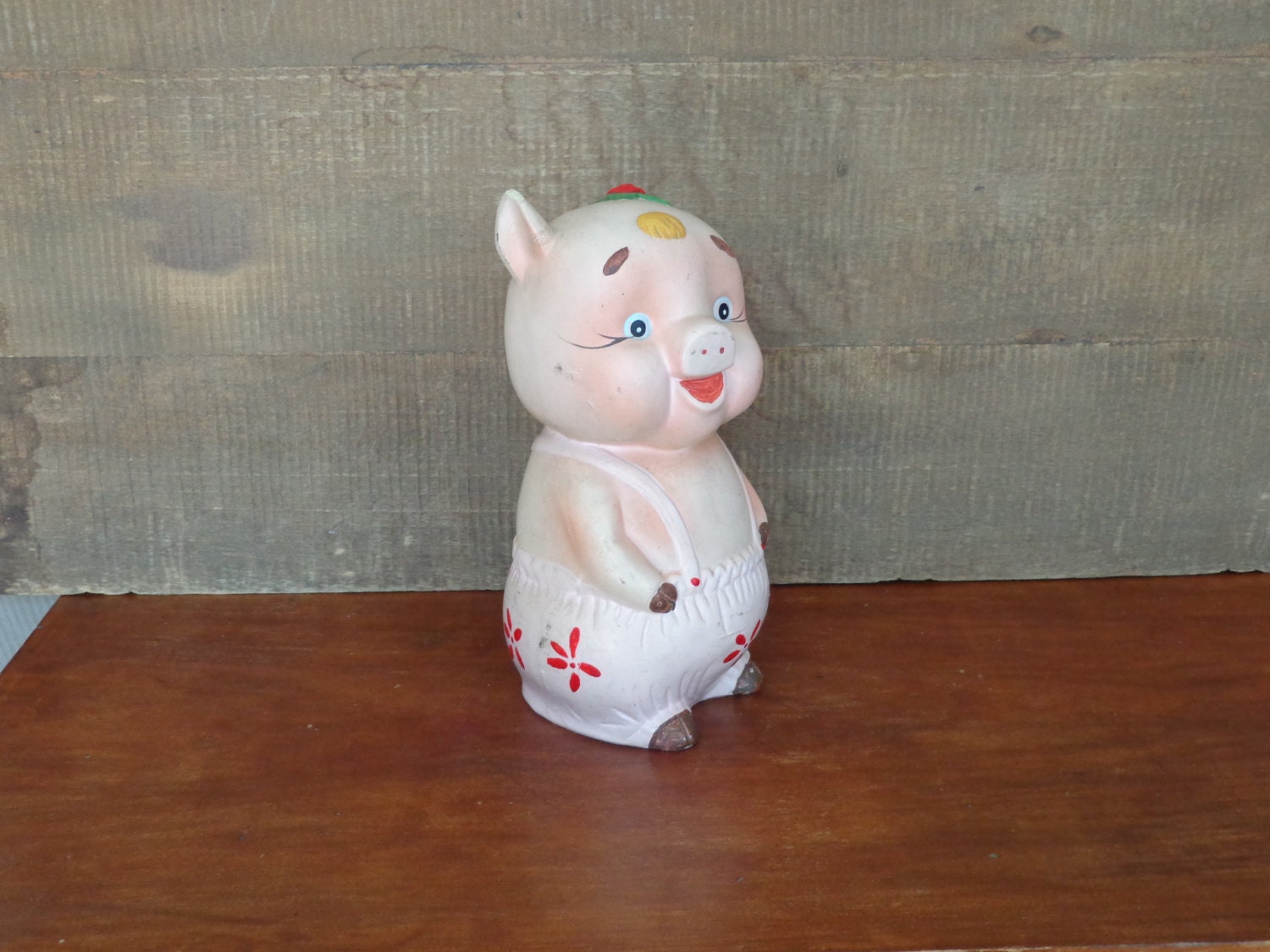 Antique Chalk Ware Piggy Bank, Shabby Patina Aged 50s, Deville Stamped, Carnival GiveAway Prize, Original Matching Taiwan Stopper, Epsteam