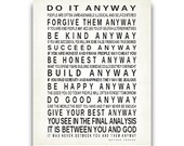 Do It Anyway Quote by Mother Teresa Print  16x20 Typography Art Inspirational Subway Sign Motivational Poster Modern Vintage