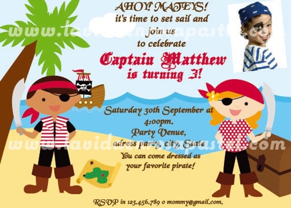 Pirate Invitation boys and girls Printable. Pirate birthday invitation - With or W/out custom photo. FREE thank you card Il_570xn