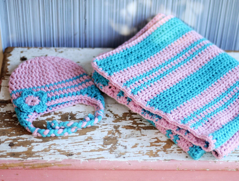 Pink and Teal Baby Blanket and Hat Set - Baby Shower Gift Set - Newborn Photo Props - Shabby Chic Beach Style