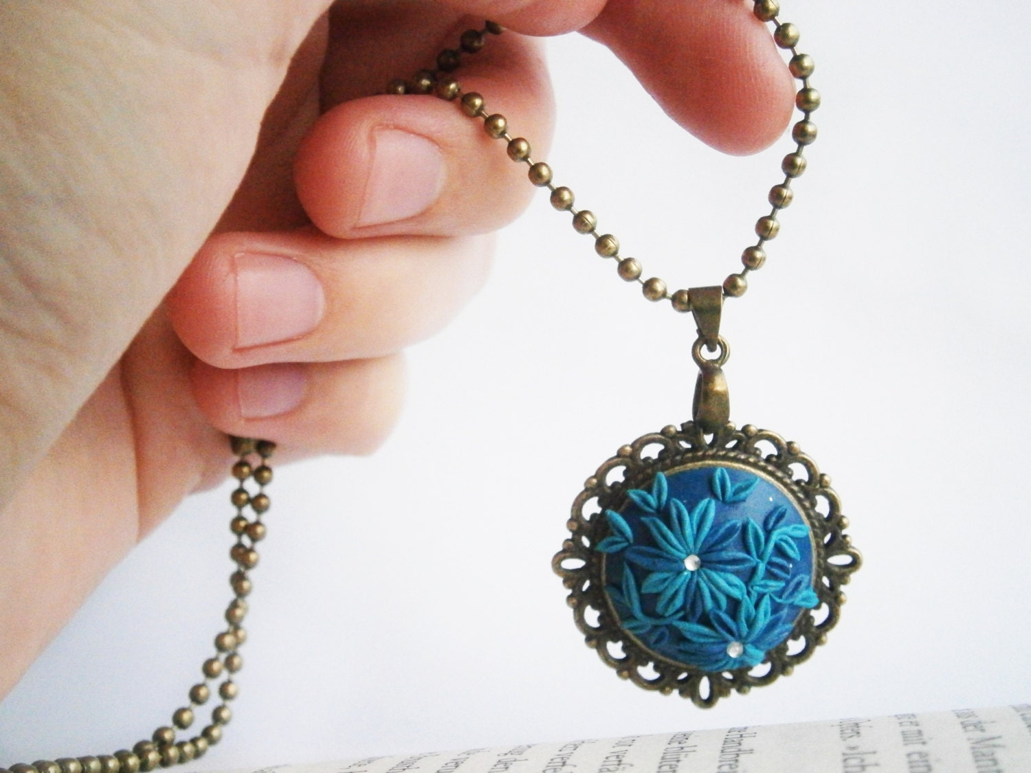 vintage style antique bronze Appliqué flower pendant necklace  blue  Polymer Clay, handmade