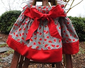 A-Line Twirl Skirt with Sash. Girls Watermelon Picnic Fabric. Ties in Front or Back. Black White Red, Size 3T Ready to Ship