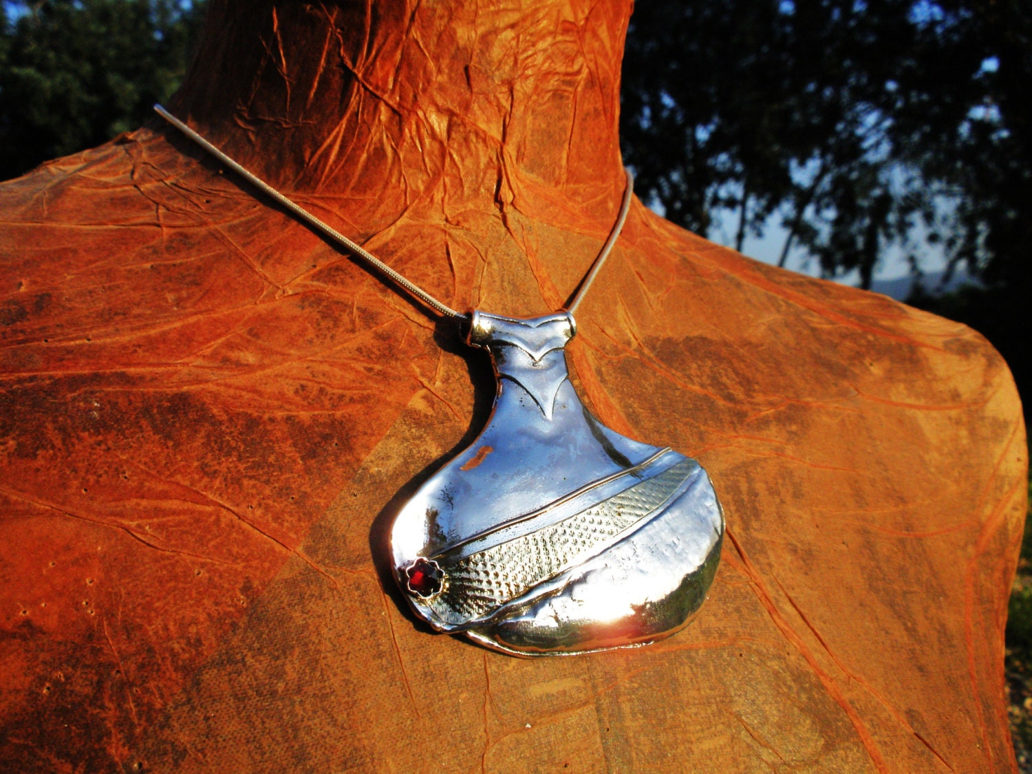 Porans, Unique Handcrafted Sterling Silver & Gold Necklace, Big Pendant, Garnet, Design by Amir Poran, Israel