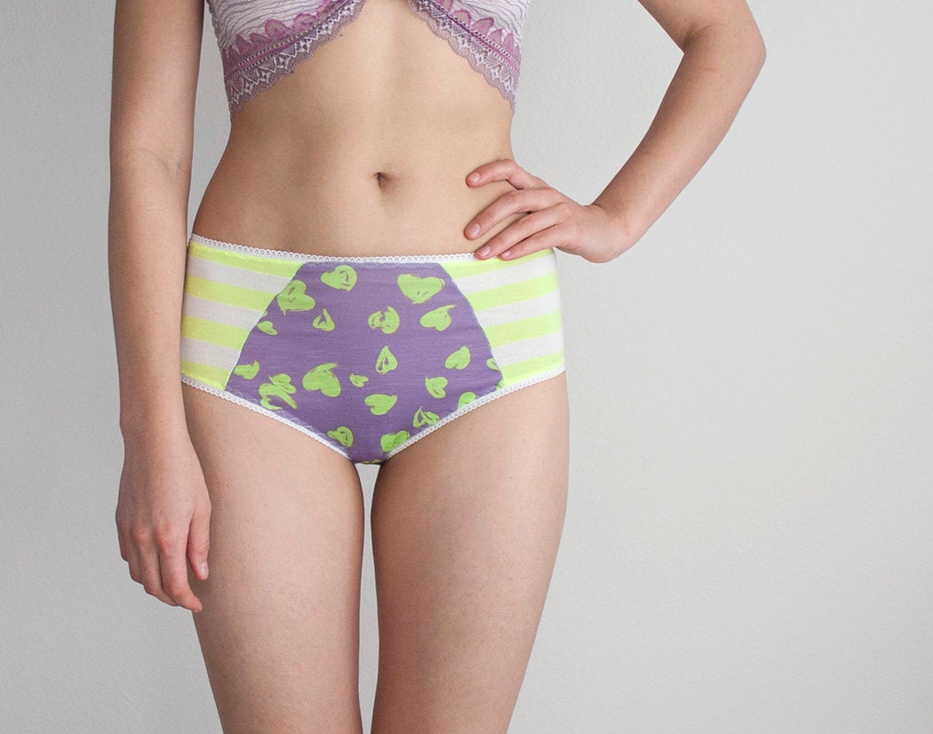 SPRING NEON HEARTS. Neon Yellow Hearts and Stripes Retro Cut Panties. High Brief. Unique Designer Lingerie.