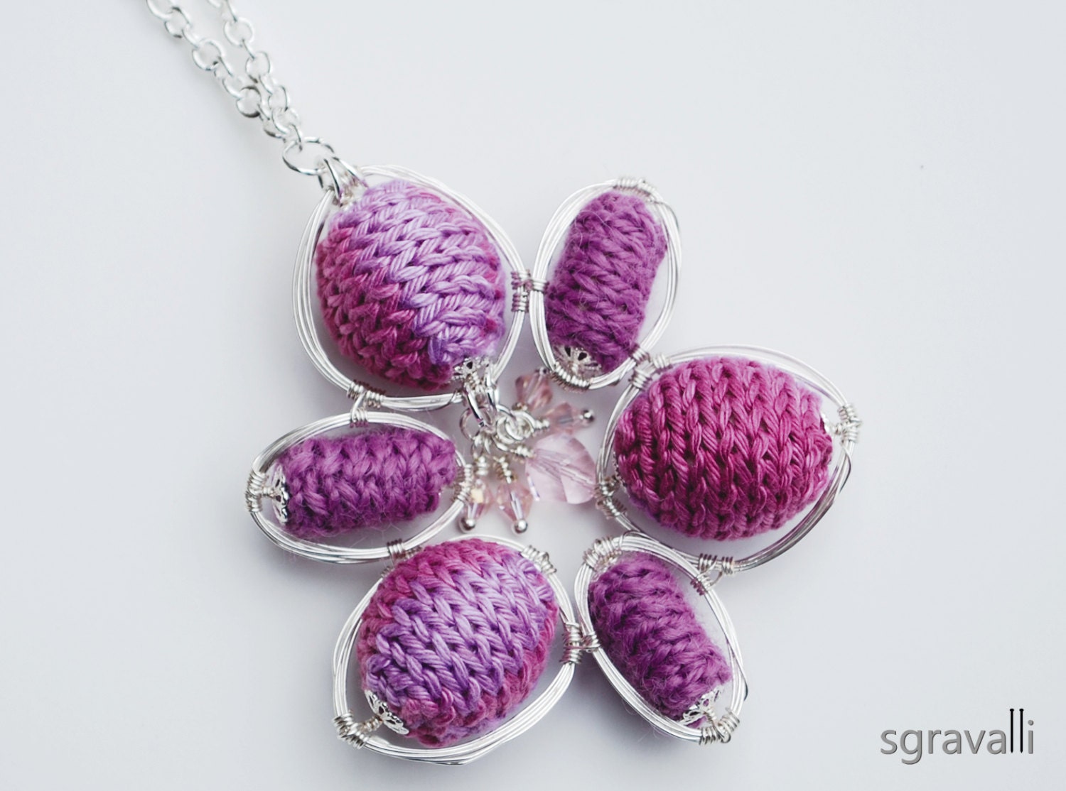 Flower Pendant Necklace. Purple, Lilac, Pink Tones. Long Chain Silver Plated Necklace. Hand Knitted. Wire Wrapped. OOAK. BLOOM Necklace.