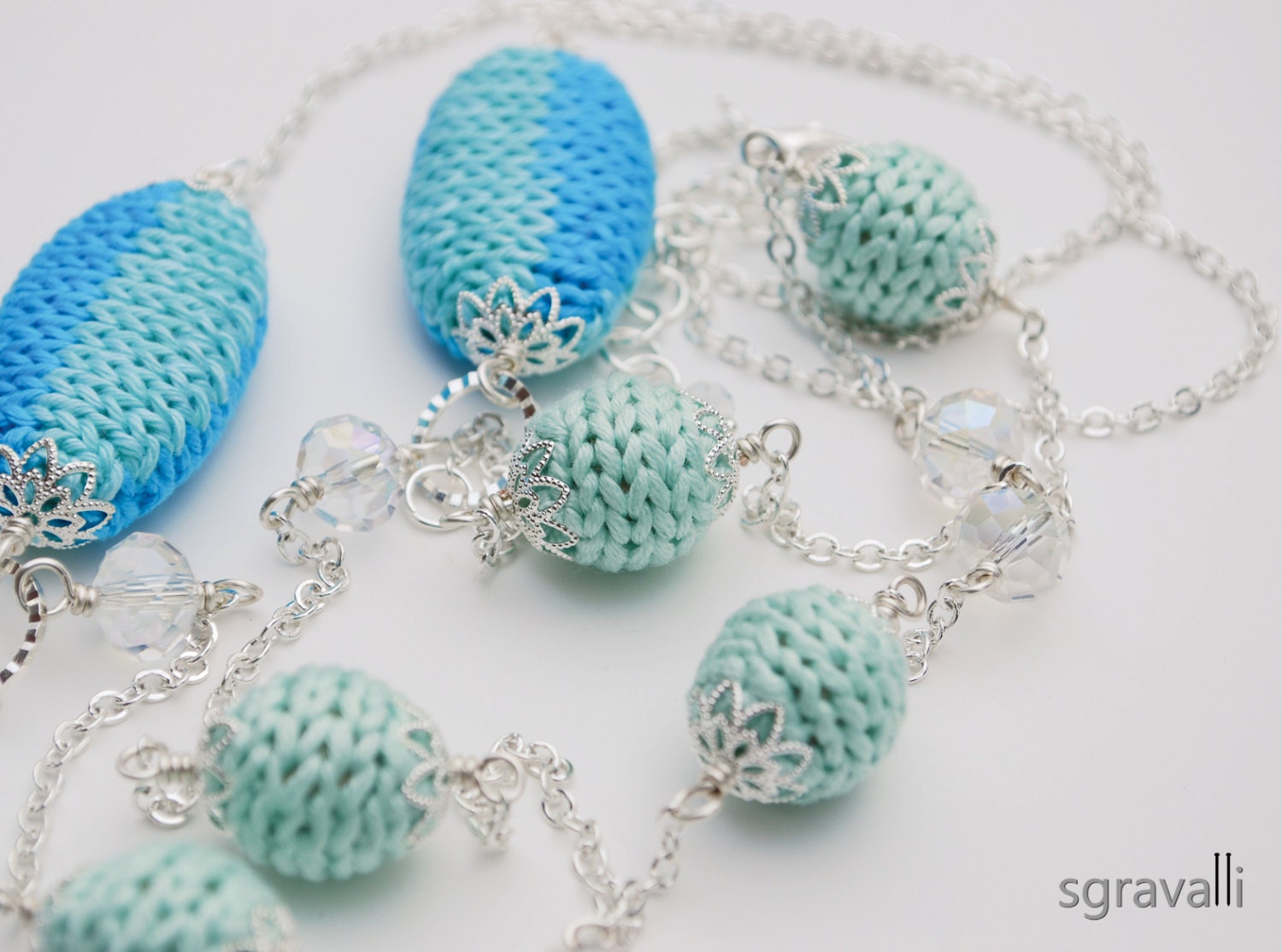 Mint Turquoise Chain Necklace. Double Strand Long Beaded Necklace. Silver Color Chain. Hand Knitted. Fashion Jewellery. MINT GALORE necklace