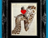 MOTHER LOVE Wall Decor, ANIMAL Love Wall Art, Giraffe Nursery Decor, Kid Room Decor Print on Dictionary Paper Art, Old Book Art Print Poster