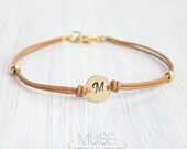Monogram Leather Bracelet - Personalized Initial Bracelet, Custom Initial Gold Disc, Stacking Bracelet, Friendship Bracelet, Bridesmaid Gift