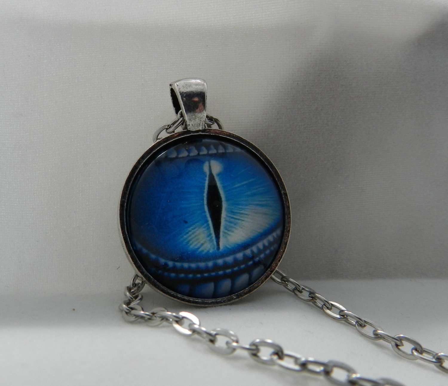 Blue Dragon Eye Pendant Necklace 1" Glass Jewelry Charm Round Circle -  Plated Silver or Brass or Copper or Black