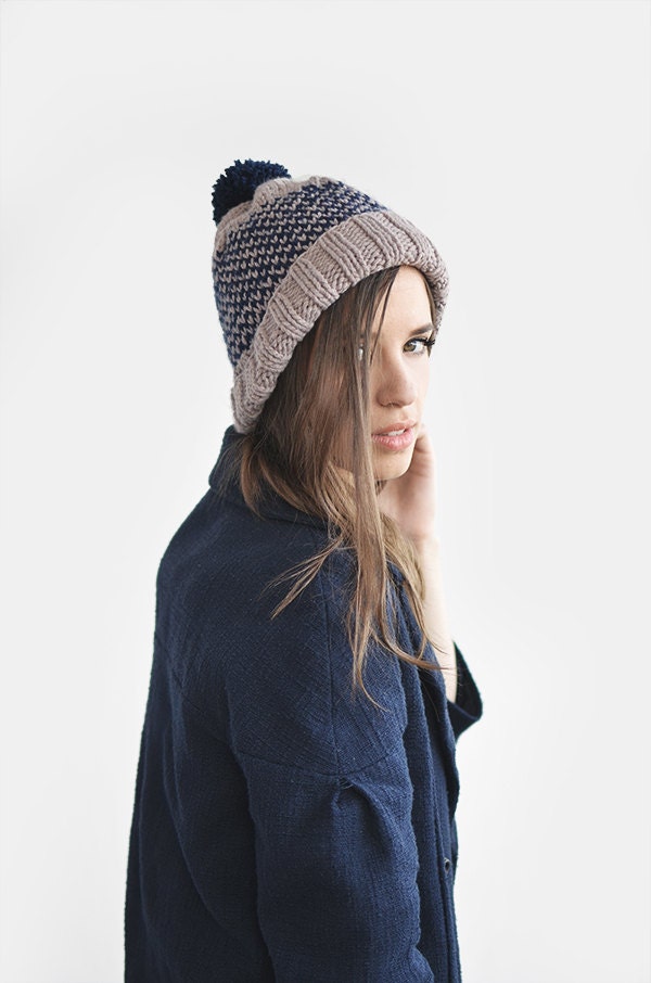 Fair isle two colored ski beanie hat with pom pon / Hand Knitted