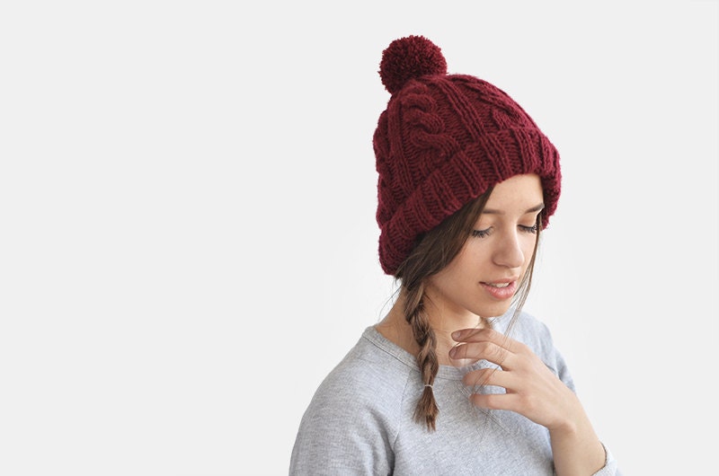 Cable knit burgundy ski beanie hat with pom pon / Hand Knitted