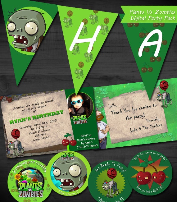 Plants Vs Zombies Mini-Digital Party Pack - Printable Invitations, Thank You cards, Favor Tag and Banner