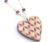 Ceramic Pendant, Heart Pendant, Purple Necklace, Anniversary Gift, Gold Chain Pendant, Large Pendant, Gift for Mom, Lattice, Yellow