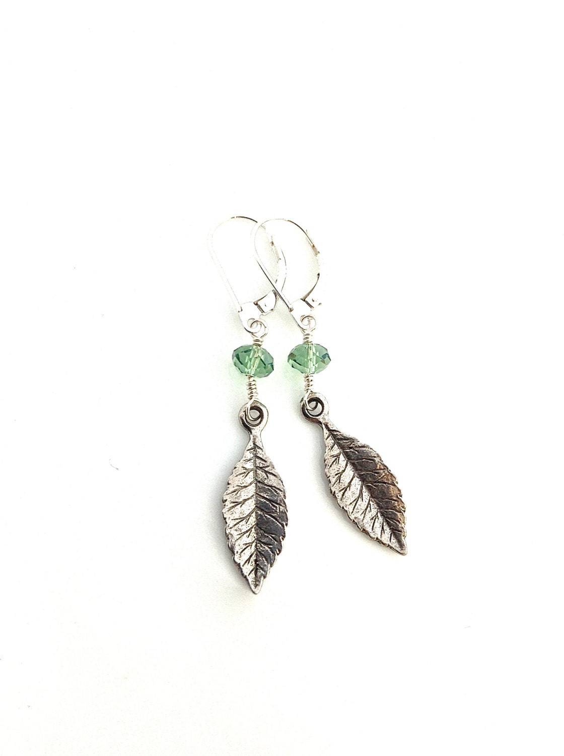 Silver Leaf Earring, Nature Jewelry, Silver Leaves, Zen Earring, Leaf Dangle, Botanical, Crystal Leaf, Woodland, Moss Green, Ernite