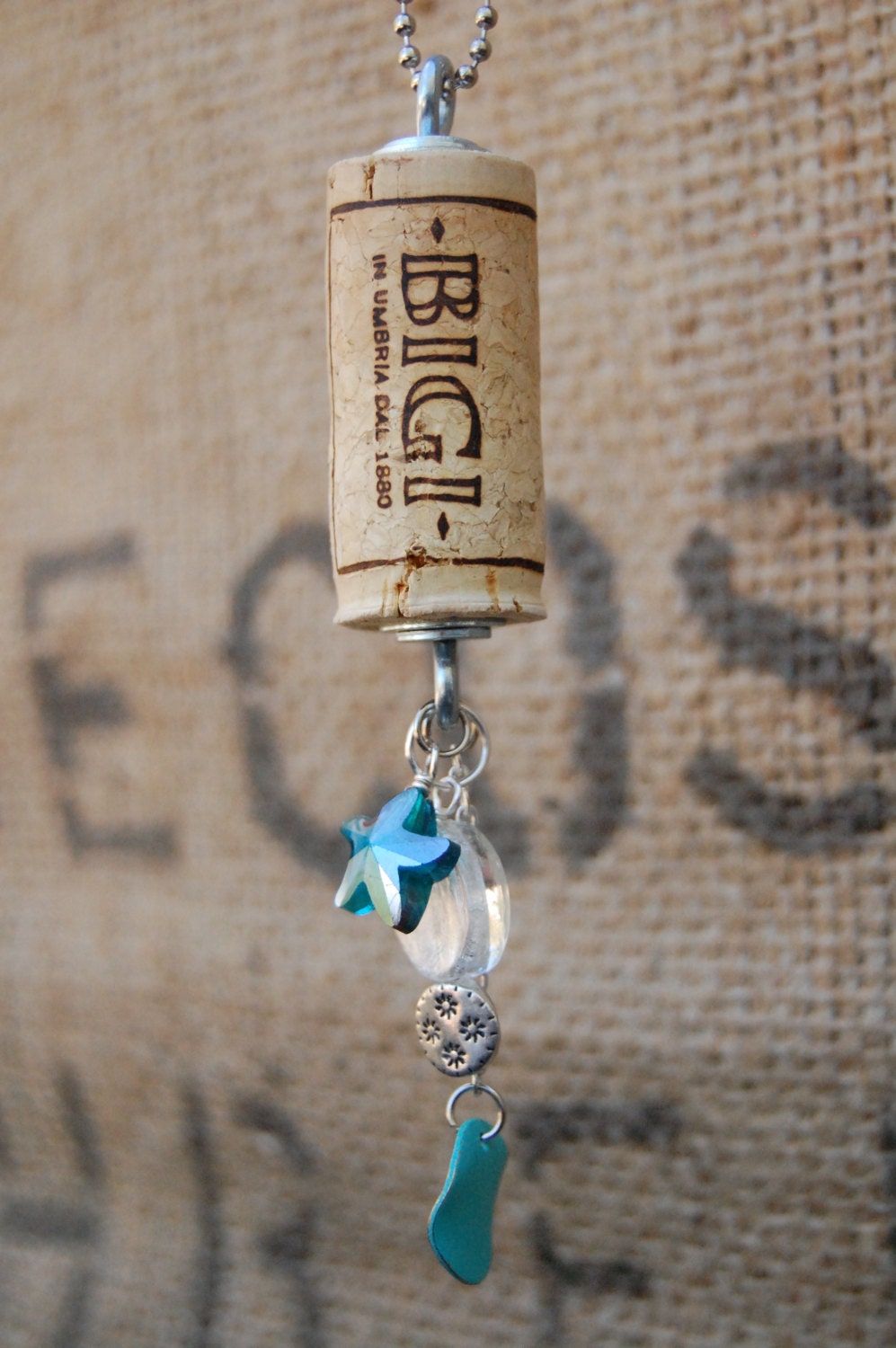 FREE SHIPPING  Wine Cork Necklace - Repurposed Wine Cork with Beads, Beach, Starfish, Silver