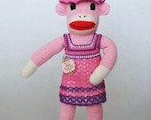 Pink Sock Monkey stuffed toy doll plushie pink and purple crochet dress and hat Rockford Red Heel sock monkey for girl  baby shower gift