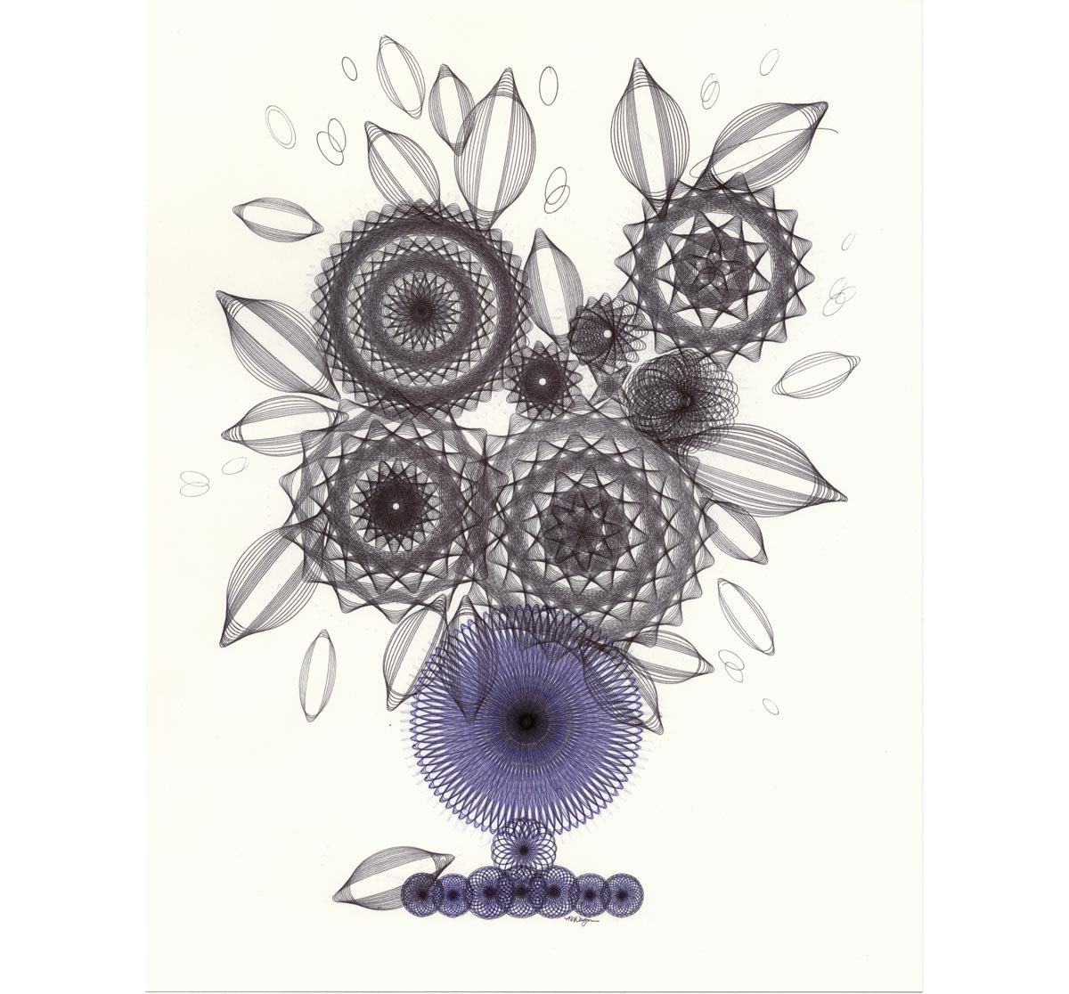 Still Life Flowers Blue Vase Original Ink Drawing Abstract Flower Art Blue and Black Ballpoint pen 11"x14"