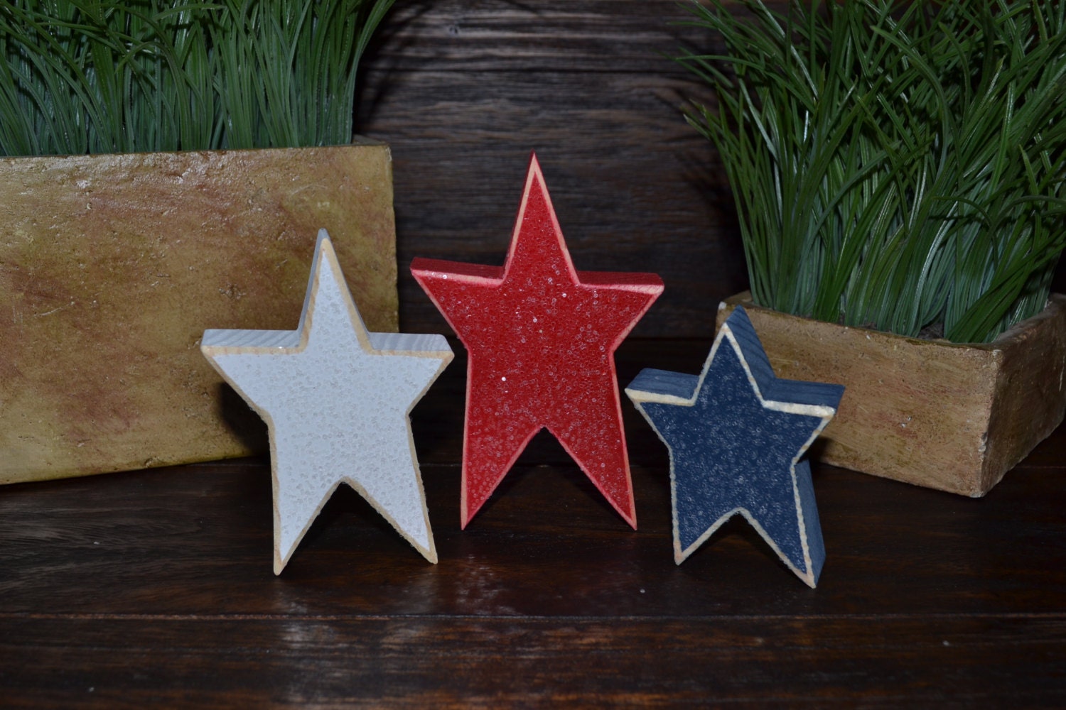 Set of 3 Stars-4th of July Decor Patriotic Wood Block Set Independence Day Presidents Day Flag Americana Gift Military Mom