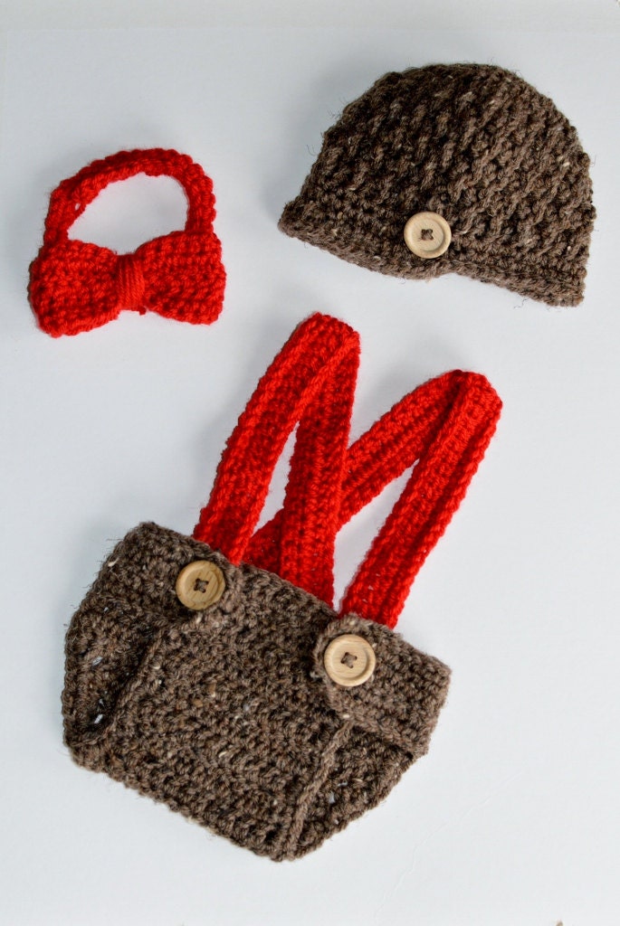 Newborn Baby Boy Crochet Newsboy Brimmed Hat and Suspender Diaper Cover Bow Tie Outfit Brown and Red Valentines Day Photography Prop