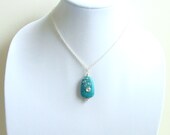 Polymer Clay Faux Turquoise Choker Necklace With Wrapped Silver Wire and Silver Plated Beads