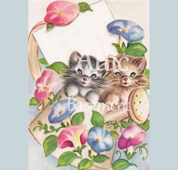 Buy gift tags and ecards - Vintage Image-Two Kittens in Watering Can Flower Vine DIGITAL Customizable Downloadable Printable