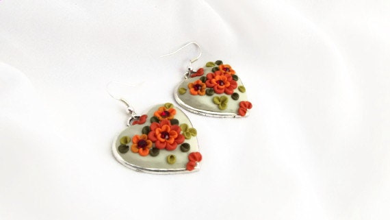 Heart Dangle Earrings Clay Floral  Polymer clay Jewellery