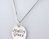 Hand Stamped Necklace, Name Necklace, Personalized Necklace, Mommy Jewelry, Large Round Sterling Silver Pendant, Gift for Her