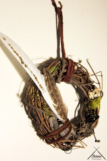 Feather, Moss and Healing Crystal Twig Wreath