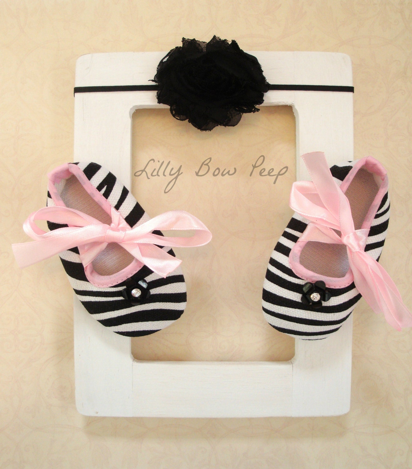 Black Pink & White Zebra Animal Print Baby Shoes with Matching Flower Headband-Photography Prop -Girl Headband  Shoe SET-Crib Shoes-Slippers