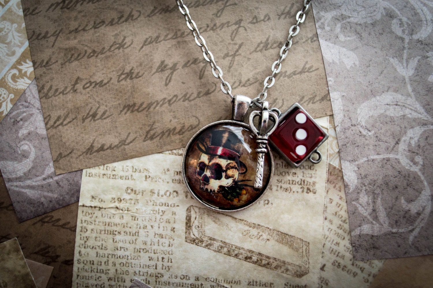 SALE 25% OFF - Skull and Tophat - Handmade Tattoo Style Necklace with Key and Dice Charms
