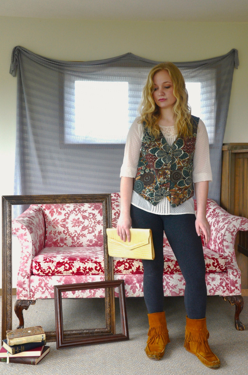 Vintage Handmade Tribal Print Forest Pattern Denim Vest Outerwear