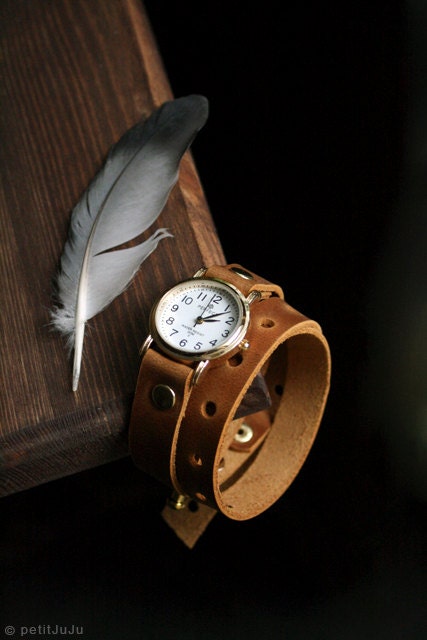 Free Shipping - chestnut ginger leather bracelet wrap around wrist with gold watch face spring rustic tribal style hippie