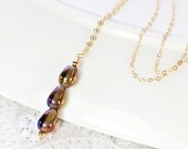 Handmade Beaded Teardrop Pendant Necklace, Vintage Art Glass, 14K Gold Filled, 1950s Peacock Blue Green Purple Beads, Bridesmaid Jewelry