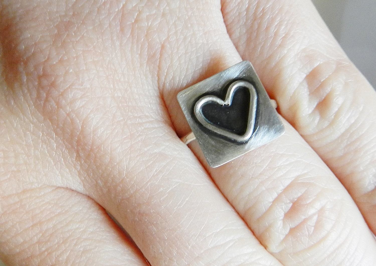 Sterling.g silver 925 black heart ring. Square ring. Oxidized heart ring. Hammered square heart rin