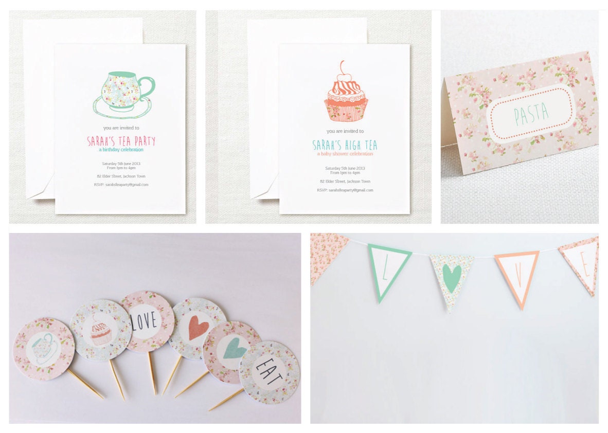 PRINTABLE Tea Party personalized set - invitation, bunting, place cards, cupcake toppers for bridal shower, baby shower, birthday, high tea. Il_170x135
