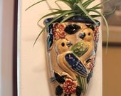 Live Air Plant with Off White Vintage Ceramic Wall Pocket Planter Vase Love Birds Pink Flowers Wall Hanging