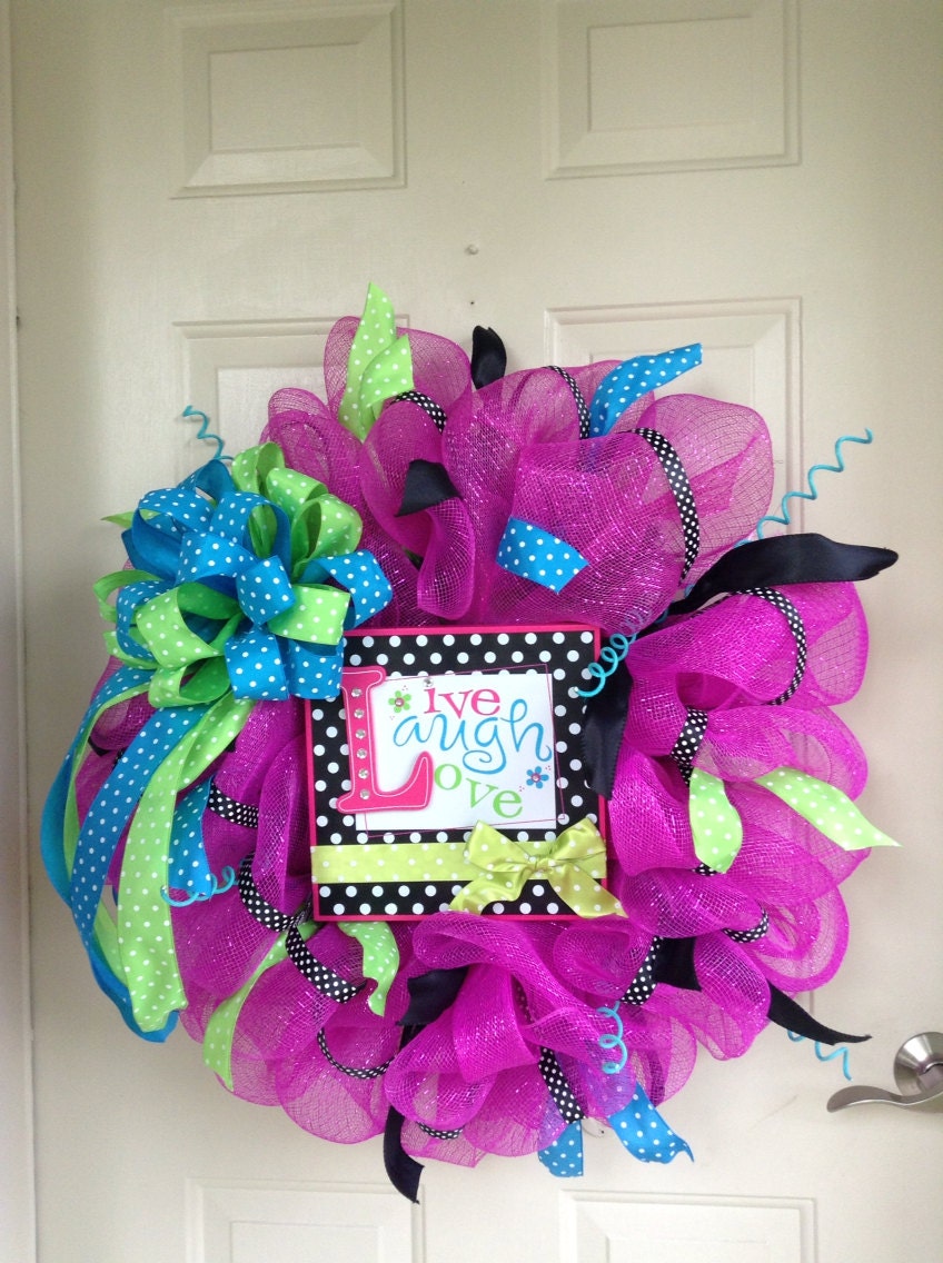 Live Laugh Love Pink Black Turquoise and Lime Mesh Wreath