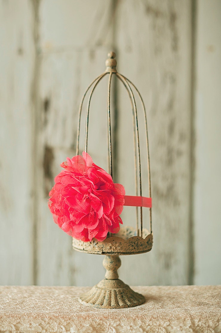 Large bright coral pink lace flower baby girl toddler children's headband
