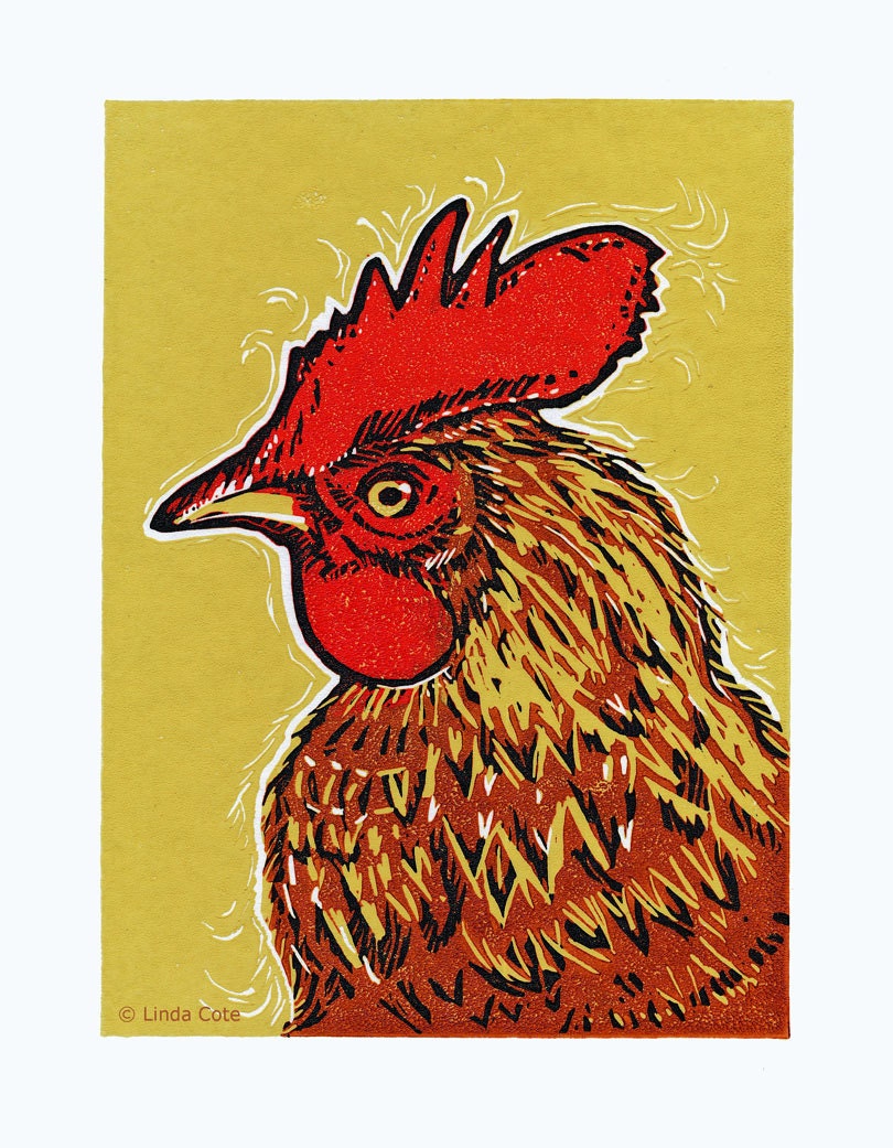 Russell, 4 Color Linocut Relief Print, Rooster, Hand Pulled Fine Art, Limited Edition, Printmaking Original