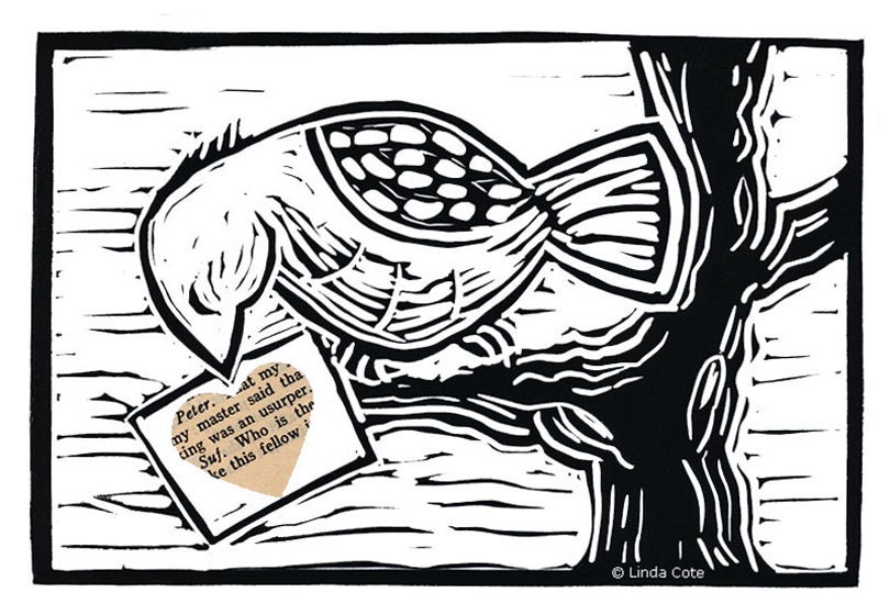 Book Love, Hand Pulled Lino Relief Greeting Card, Bird, Printmaking Original