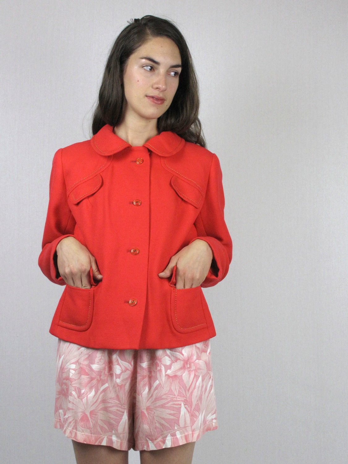 Vintage 1960s Take a Memo Jacket. Cherry Red /Coral wool. Large. Peter Pan Collar.