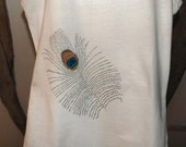 Peacock Feather, Summer Top, Hand  Painted, Original Design, Unique, Green, Purple, Gold, Medium, Top, T-shirt