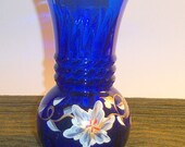 Upcycled Cobalt Blue Glass Vase Hand Painted with White Gold Flowers Unique Collector Decorator Design Home Decor Wedding Shower Gift