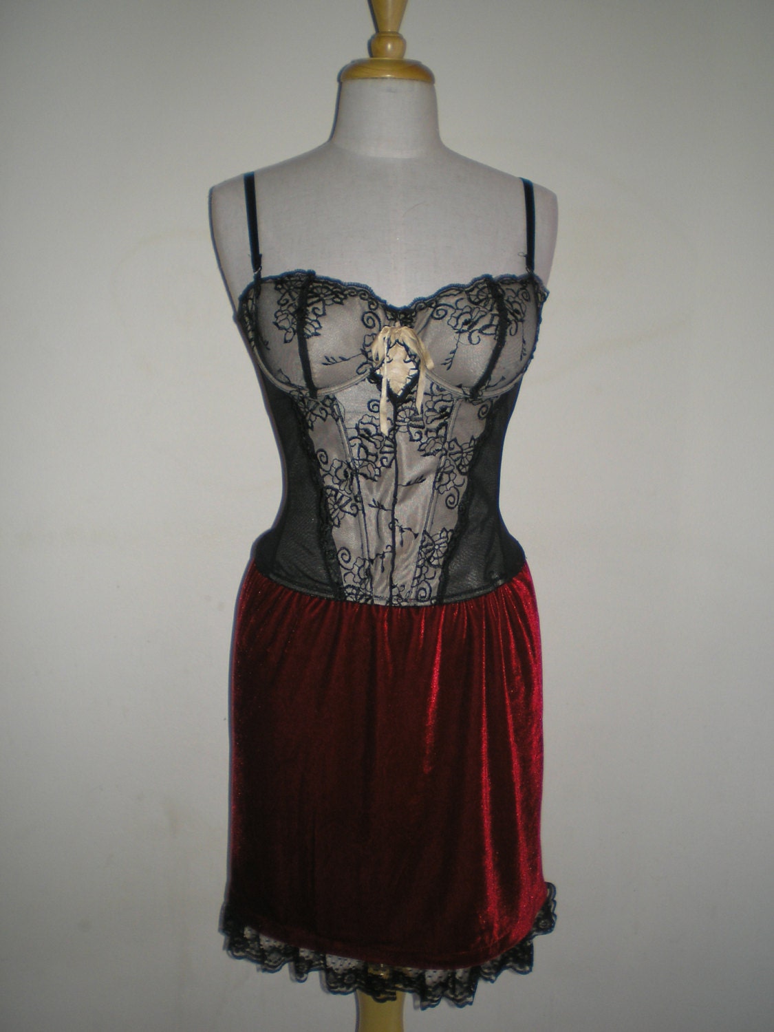 Upcycled Clothing/Bohemian Stretchy Velvet Dress/Boned Black and Peach Corset / Bustier/Dress for Women