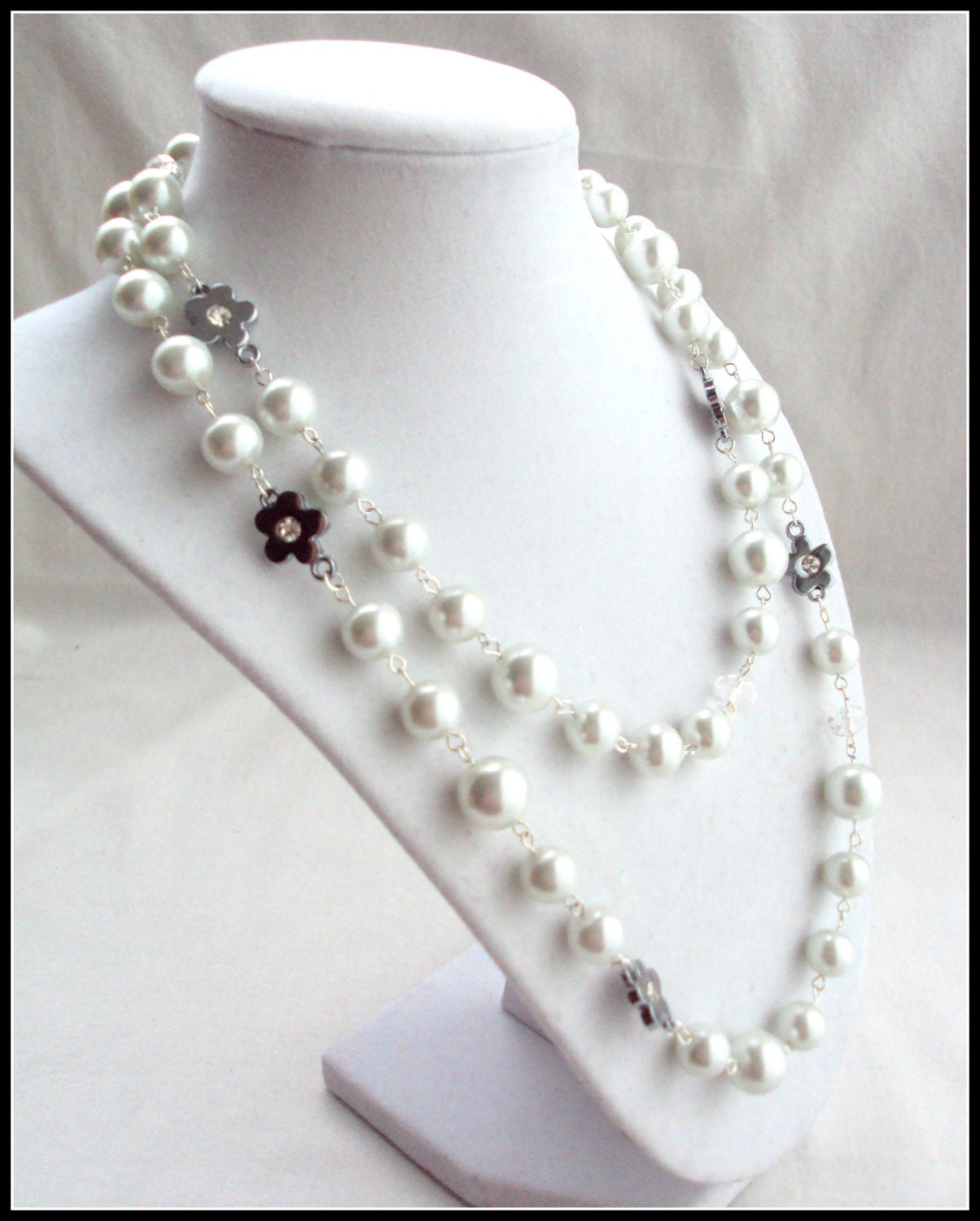 Long white pearl necklace with flower silver/ crystal connectors, beautiful two layer pearls necklace,bridal jewelry