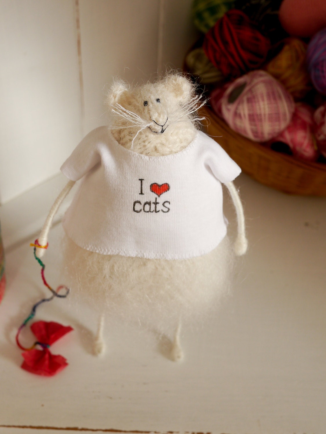 Fun Rat in a T-shirt with a Red Bow, white/Creamy Woolly Furry Fluffy Mohair Knitted Animal/mouse/rat, from UK