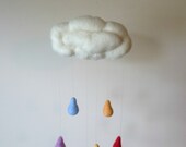 Cloud Mobile with Rainbow Coloured Raindrops Needle Felted