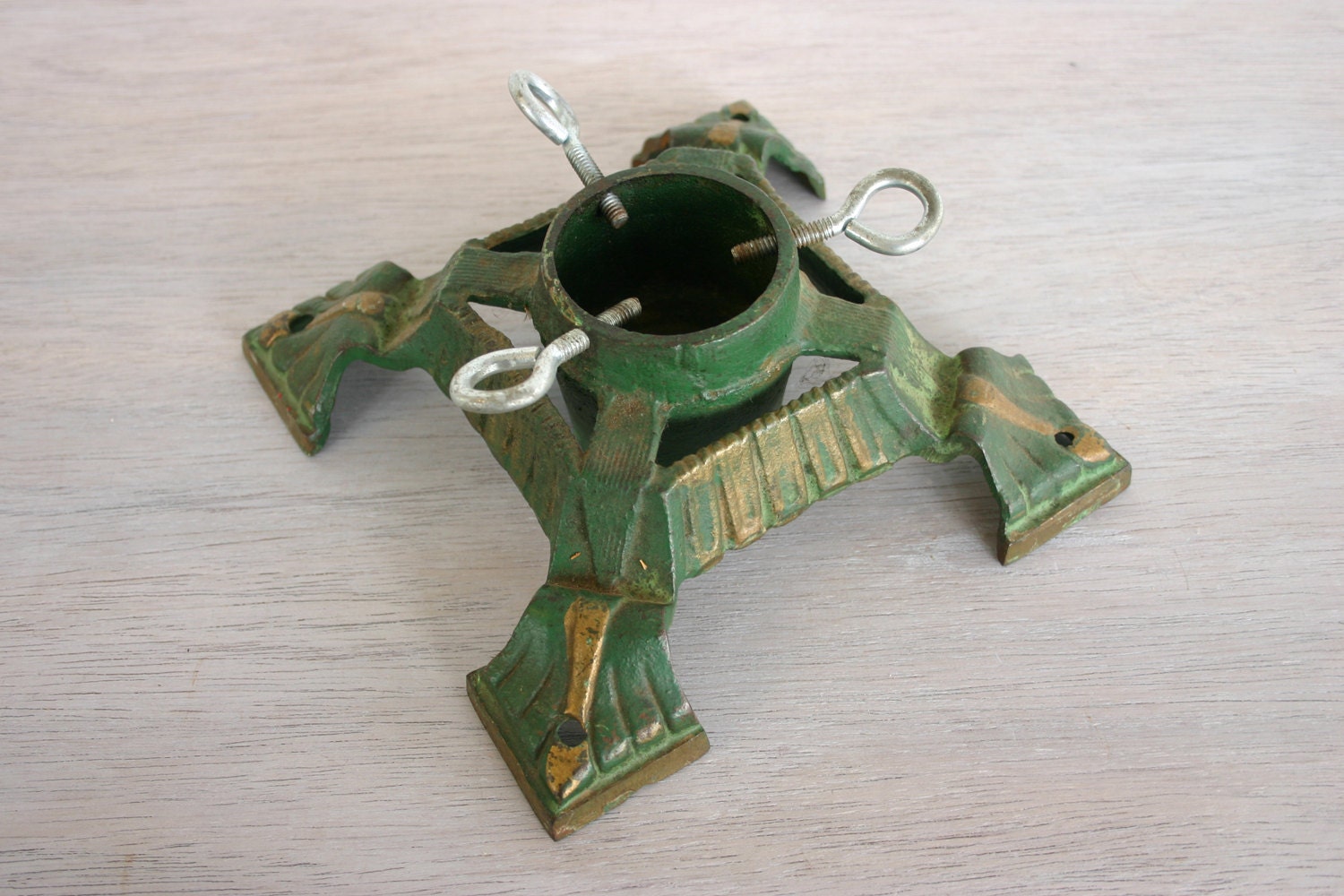 Cast Iron Christmas Tree Stand Holder - Emerald Green and Gold Painted - Art Deco Victorian - Heavy Metal Collectors Ornate 1920s